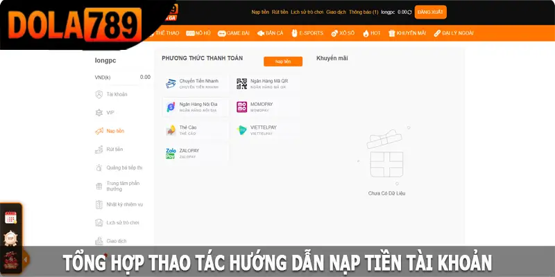 Tổng hợp thao tác hướng dẫn nạp tiền Dola789 hiệu quả